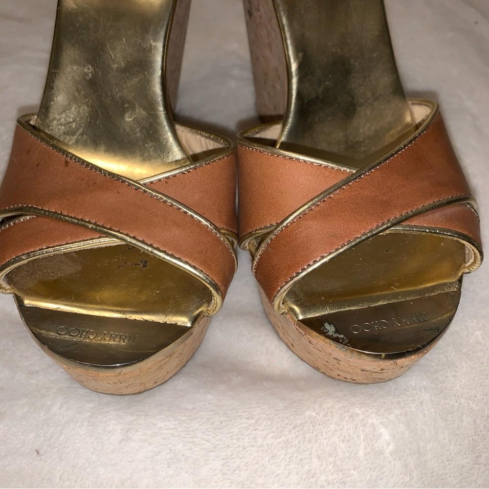 Jimmy Choo Wedge Size 39 1/2 Neutral Patent Leather Cork Platform Open Toe Wedge - Picture 2 of 14